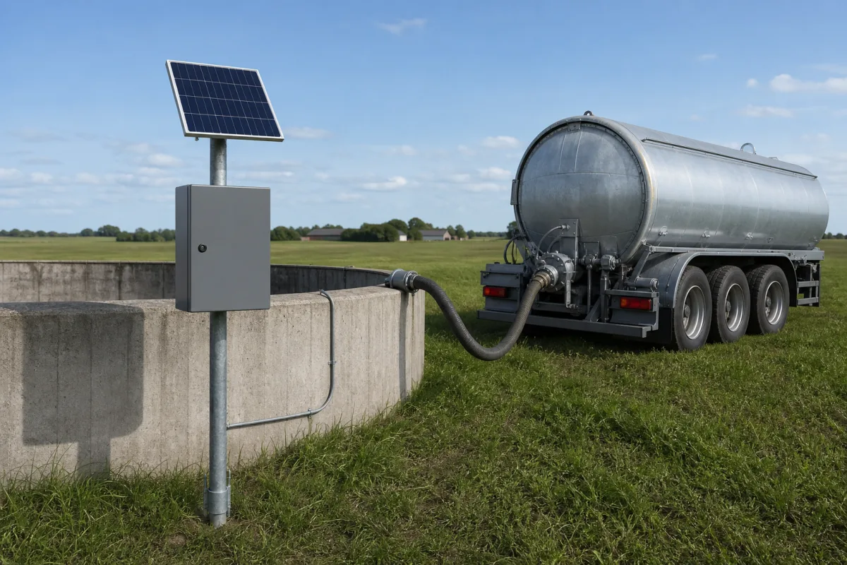 A tanker pumps out beside the slurry tank while the monitoring cabinet post stands in the foreground.