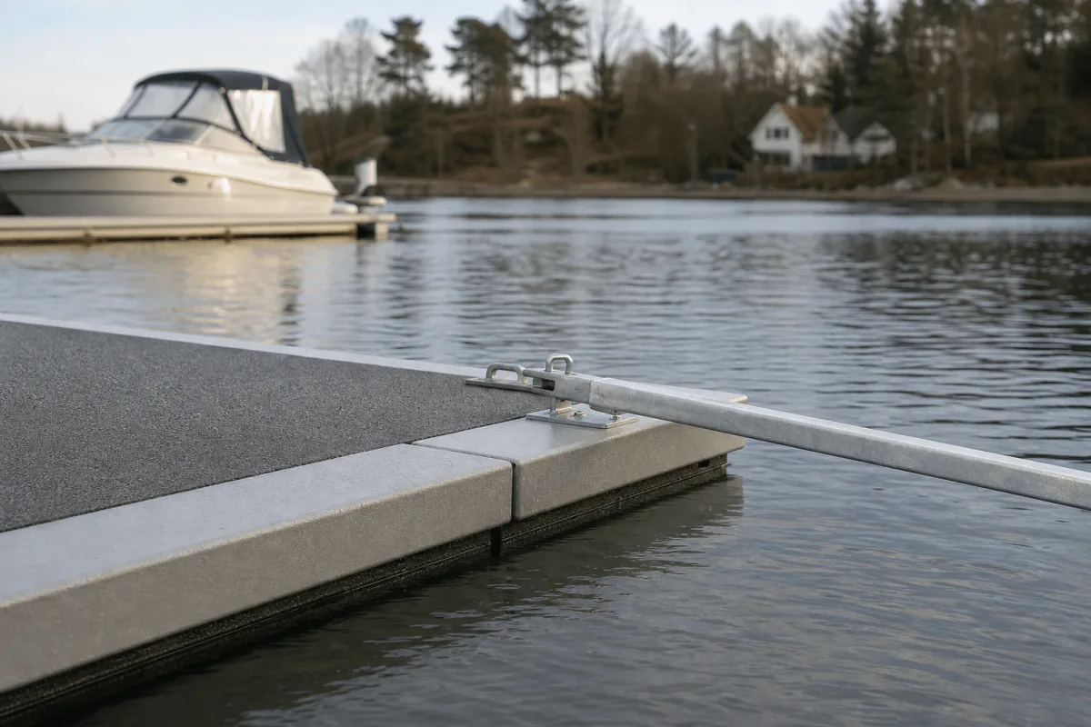 Joint, mooring hardware and boat boom on the sheltered side of a Vikingegaarden floating breakwater.