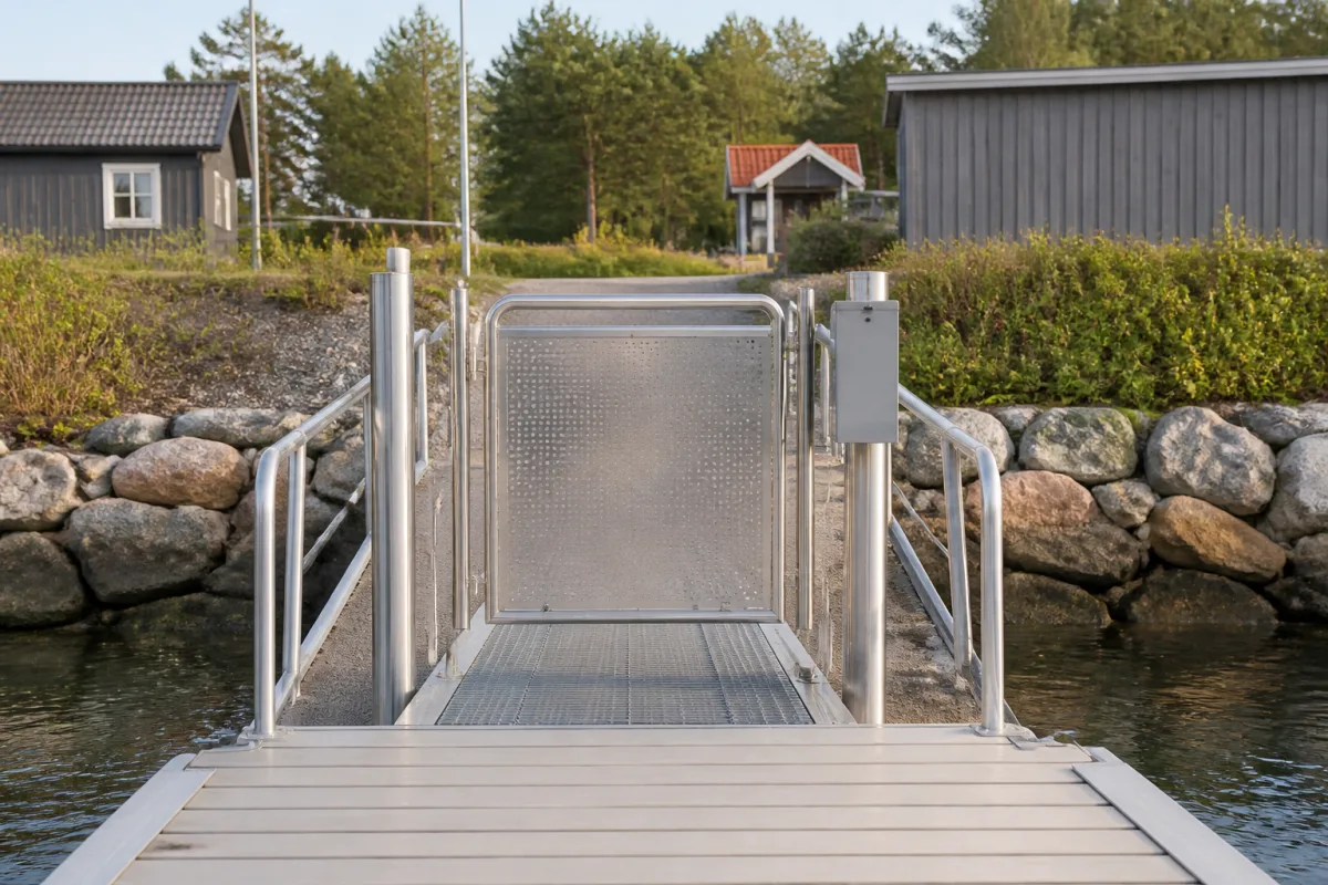 Closed marina pedestrian gate seen from the pontoon side looking back toward the Nordic shore.