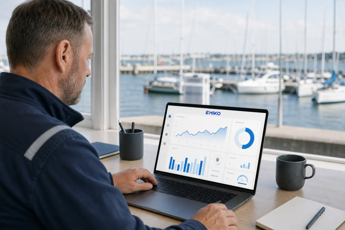 A harbor master at a desk with the EMIKO dashboard on a laptop and the marina through the window.