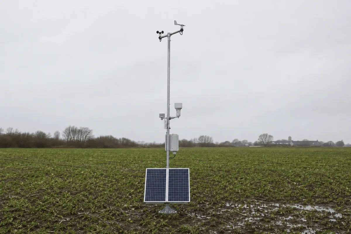 Den soldrevne Cumulus vejrstation overvåger en våd dansk efterårsmark med to lavere monterede solcellepaneler.