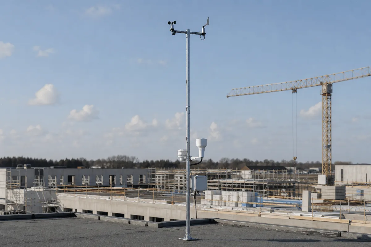 Cumulus weather station centered above an active Danish construction site in bright Nordic daylight.