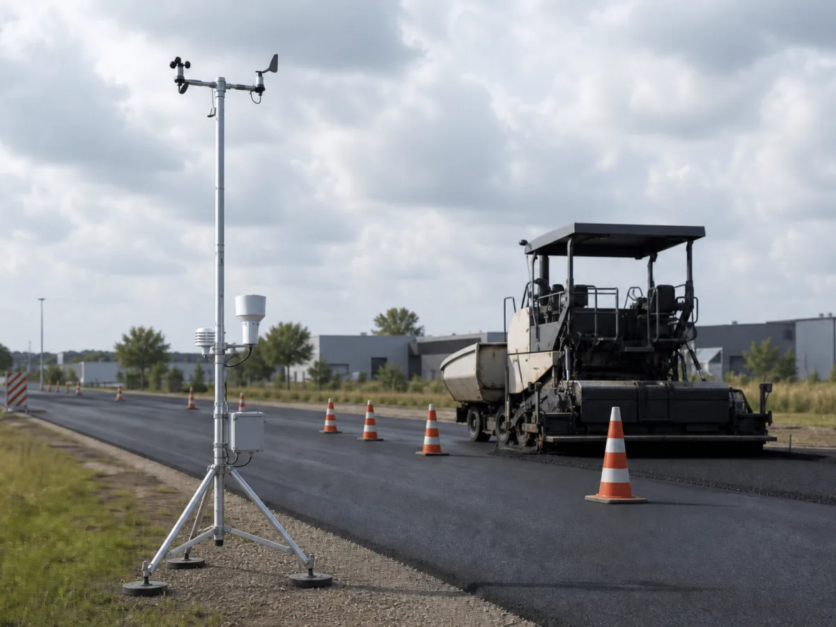 Portable weather station on a ballasted galvanized tripod beside fresh asphalt, with the paver working behind the cones.