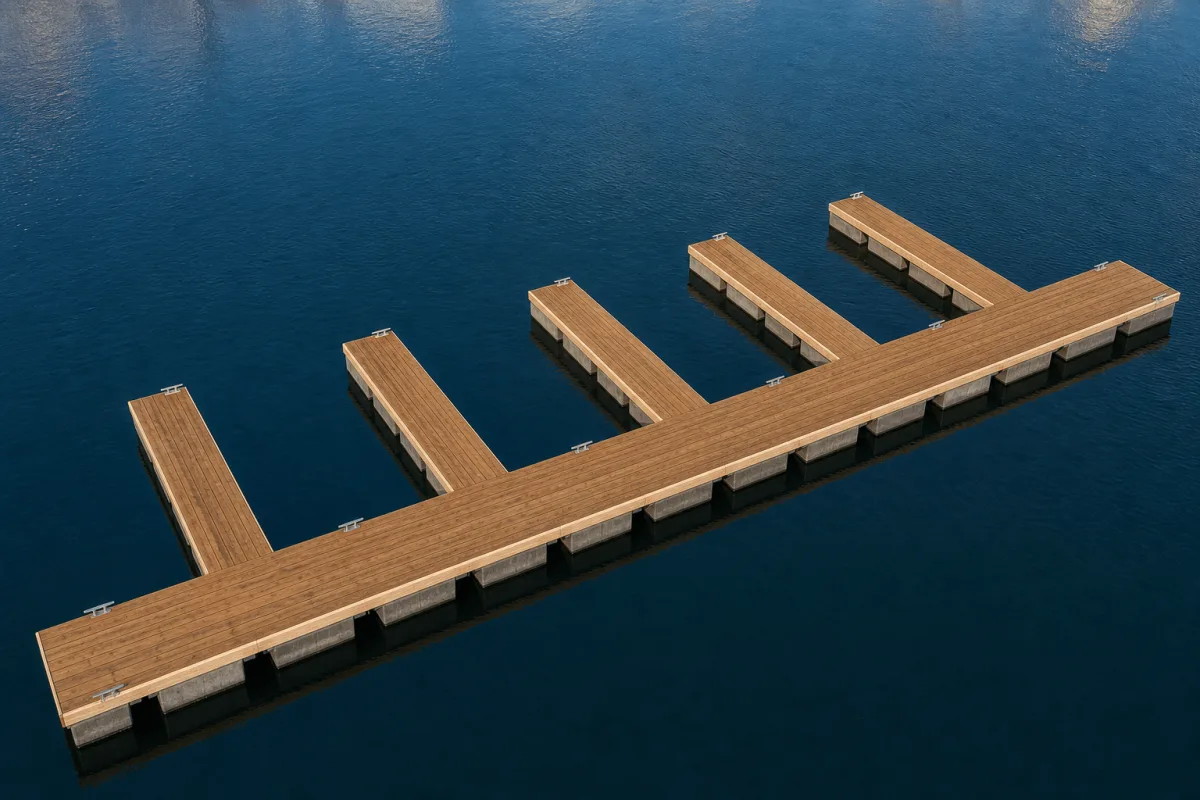An aerial view shows Vikingegaarden wooden and concrete floating pontoons arranged as a modular comb-shaped marina layout.