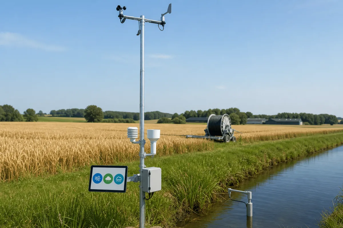 Cumulus vejrstationen fungerer ved siden af en vandingskanal med tre Emiko-dashboardmoduler og en parret vandovervågningssonde.