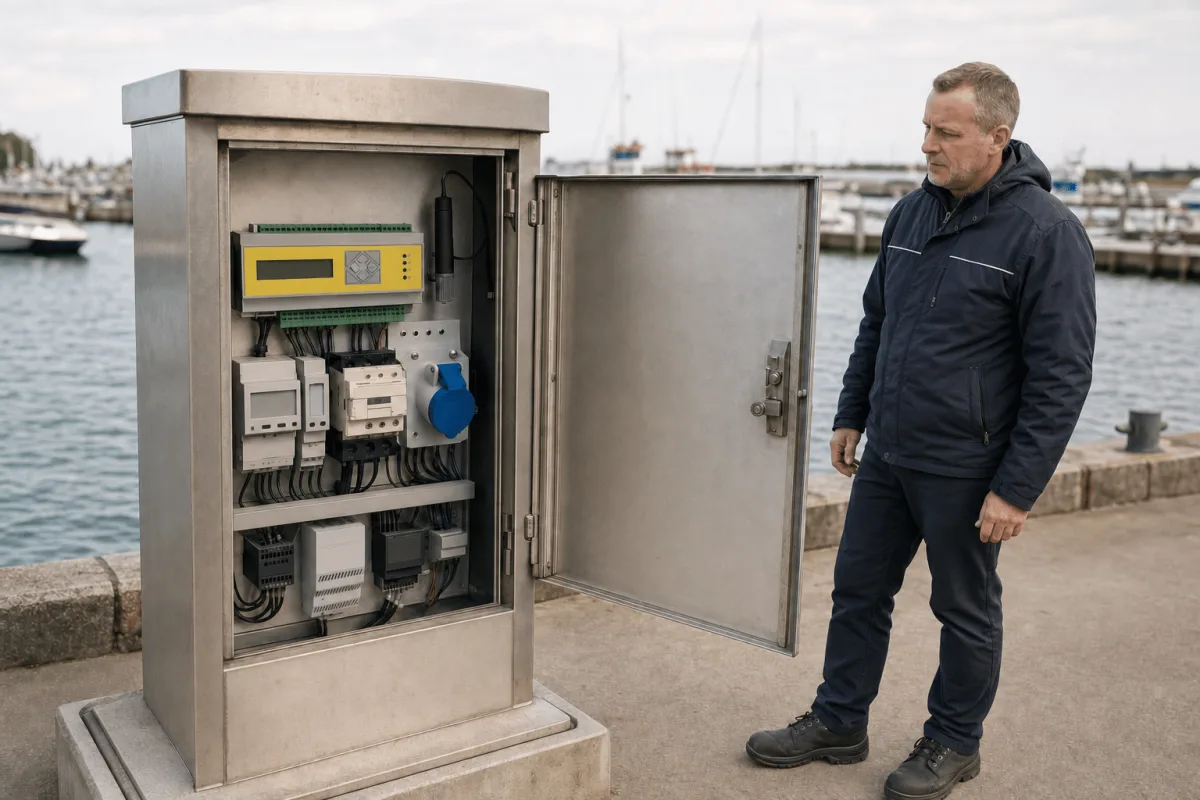 A harbor master inspects a Marinella NEO Installation Kit fitted neatly inside an older open pedestal.
