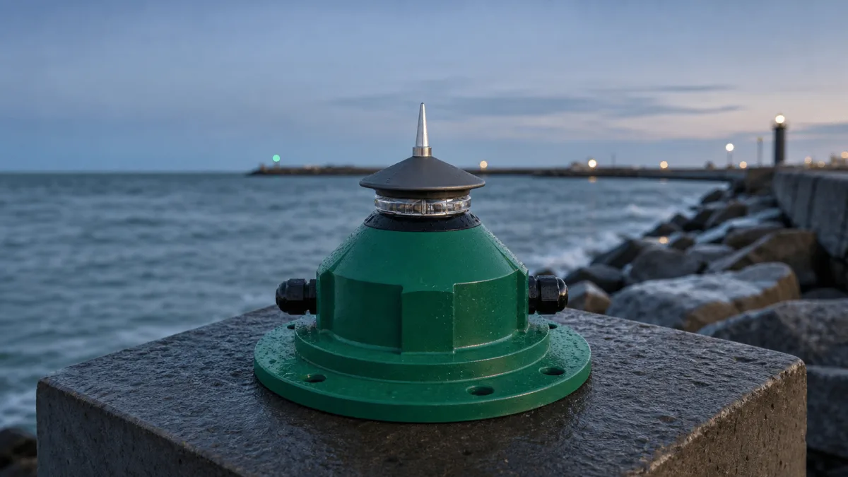 Nova-65 LED Lantern mounted on a wet breakwater-head post at dusk.