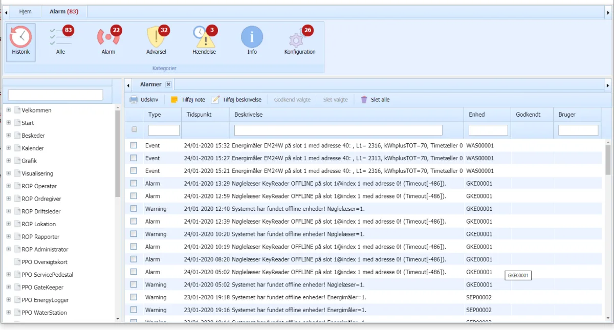 Historical VMS Cloud screen showing alarm categories and equipment event records