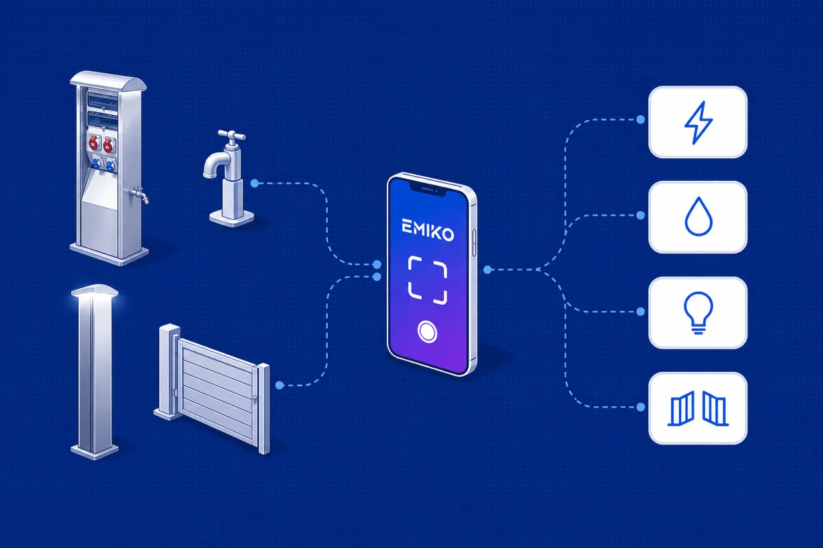 Illustrated EMIKO flow: equipment linked by dashed lines to the app and on to electricity, water, light and gate services.