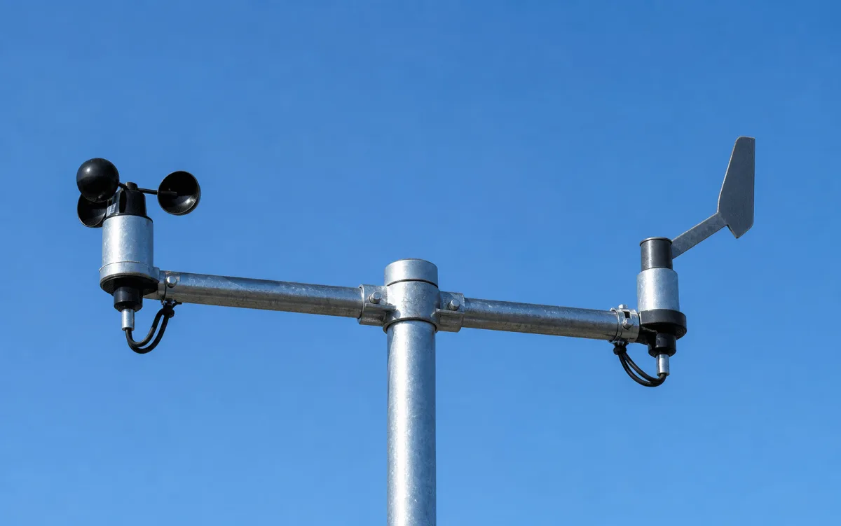 Den øverste tværarm på Cumulus vejrstation viser dens tre-koppers anemometer og vindfane mod en klar blå himmel.