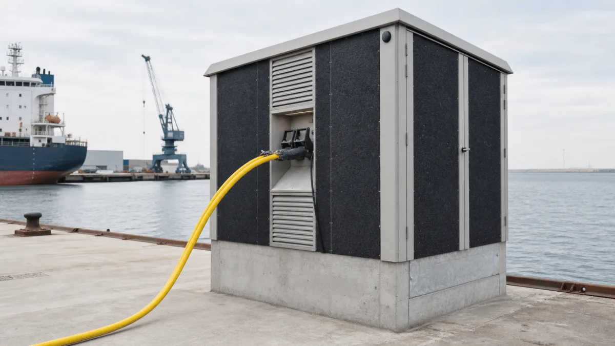 MarineMax shore-power kiosk installed on a bright Nordic commercial pier with a ship and harbor crane in the background.