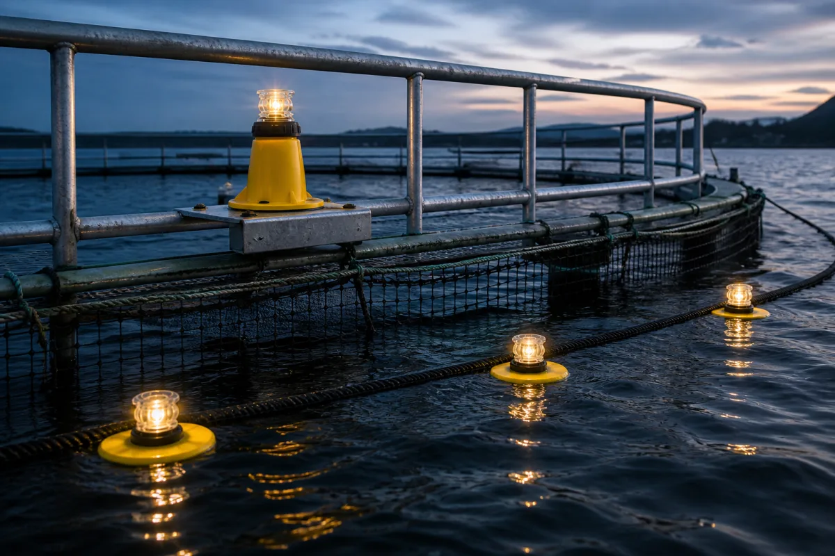ML 100-lys svæver langs en fiskeopdrætsnetline med en ML 300 monteret på burets gangstis rækværk i skumringen.
