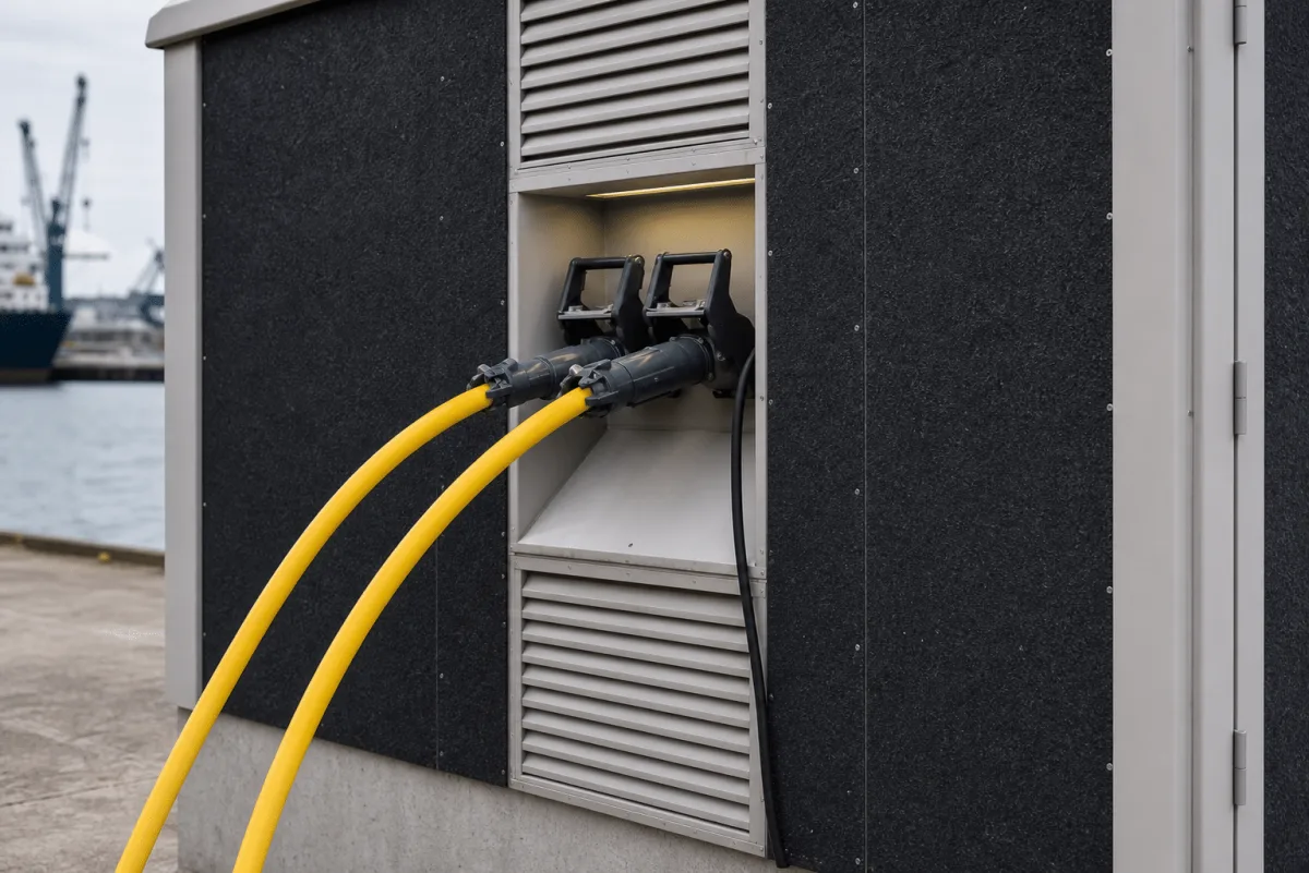 MarineMax equipment bay shown close up with two heavy yellow shore-power cables plugged into its industrial connectors.