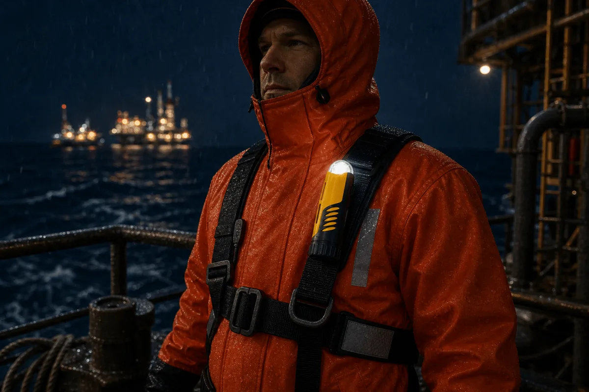 An offshore crew member wears the flashing AQ-4 MkII on a survival-suit harness in rain and sea spray.