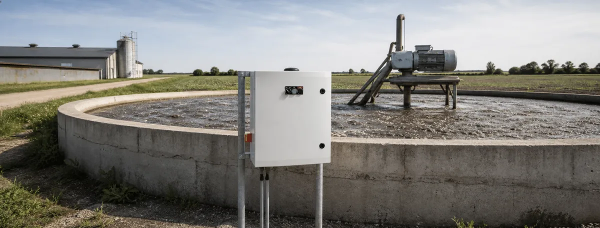 BioWatch cabinet centred in a wide view of an operating slurry tank and mixer on a Danish farm.
