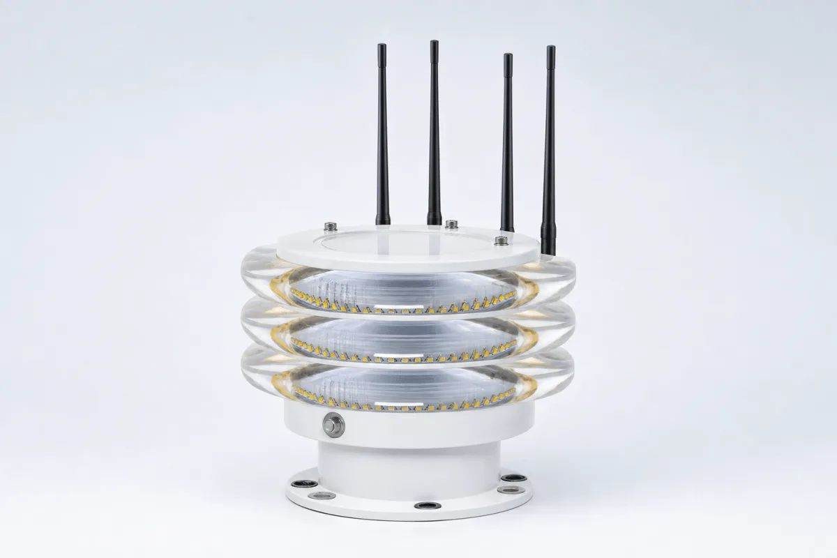 The Beacons radar model is shown with three stacked optical rings, four whip antennas and a white flange base.
