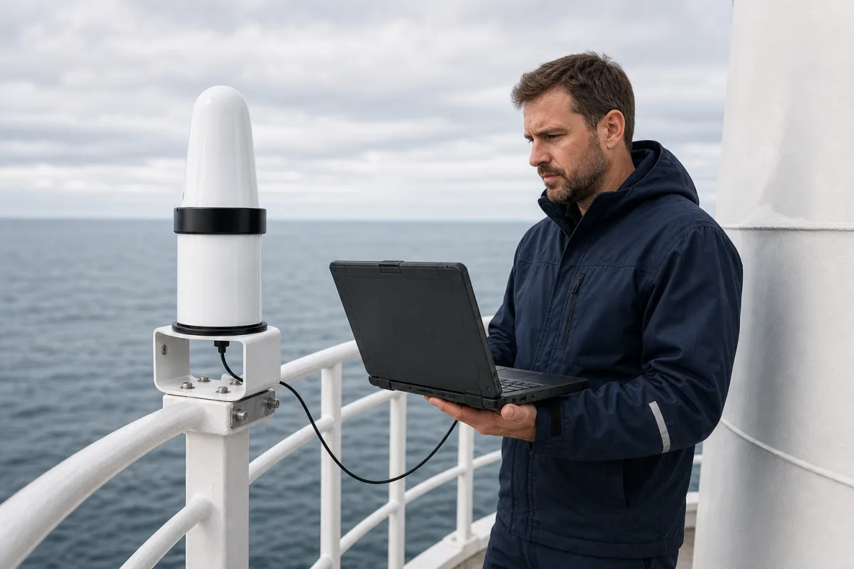 Technician with a rugged laptop connected to the HEKLEO 2 XS racon mounted on a lighthouse railing.