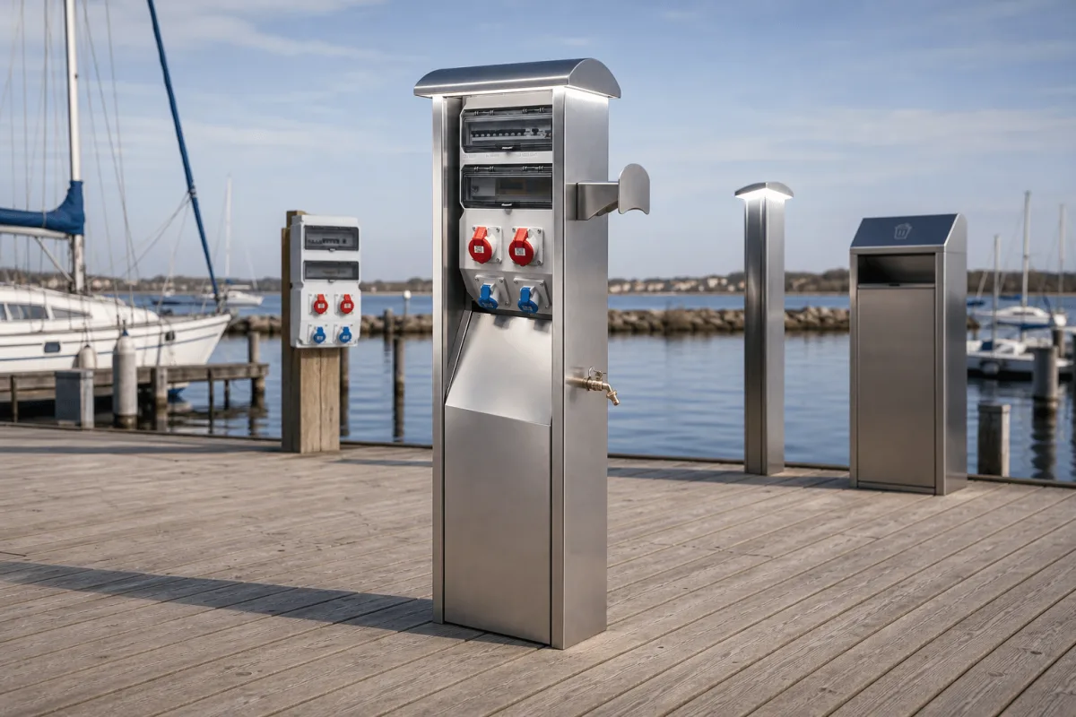The Marinella NEO smart service pedestal stands at the centre of a bright Danish marina with matching series products behind.