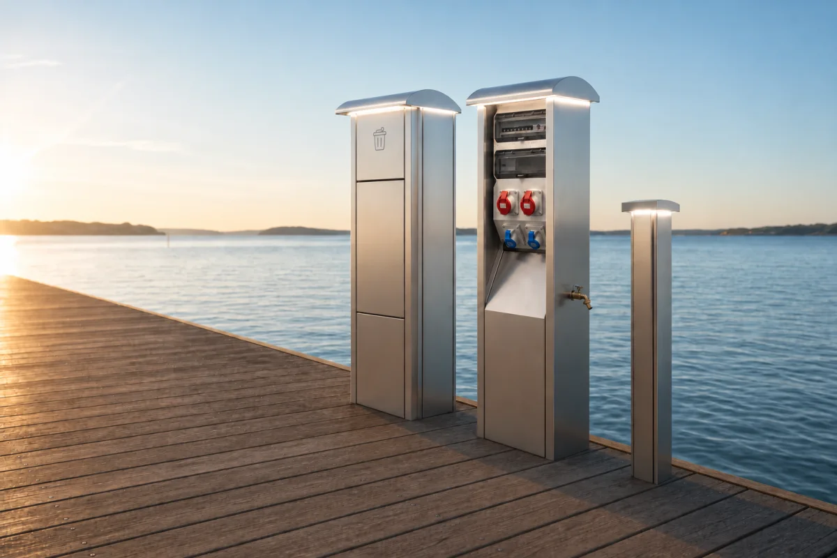 The Marinella NEO series together on a wooden pontoon at sunset: the NEO LightBin with its waste hatch, the NEO standing open on its meters, red and blue CEE sockets and brass water tap, and the slim NEO Light.