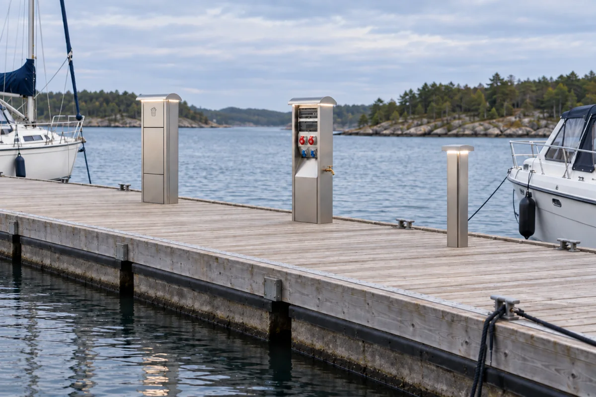 Marinella NEO-serien på en bro i en lystbådehavn i dagslys: NEO LightBin, NEO'en med målere, røde og blå CEE-udtag og vandhane i messing, og den slanke NEO Light, med både fortøjet på begge sider.