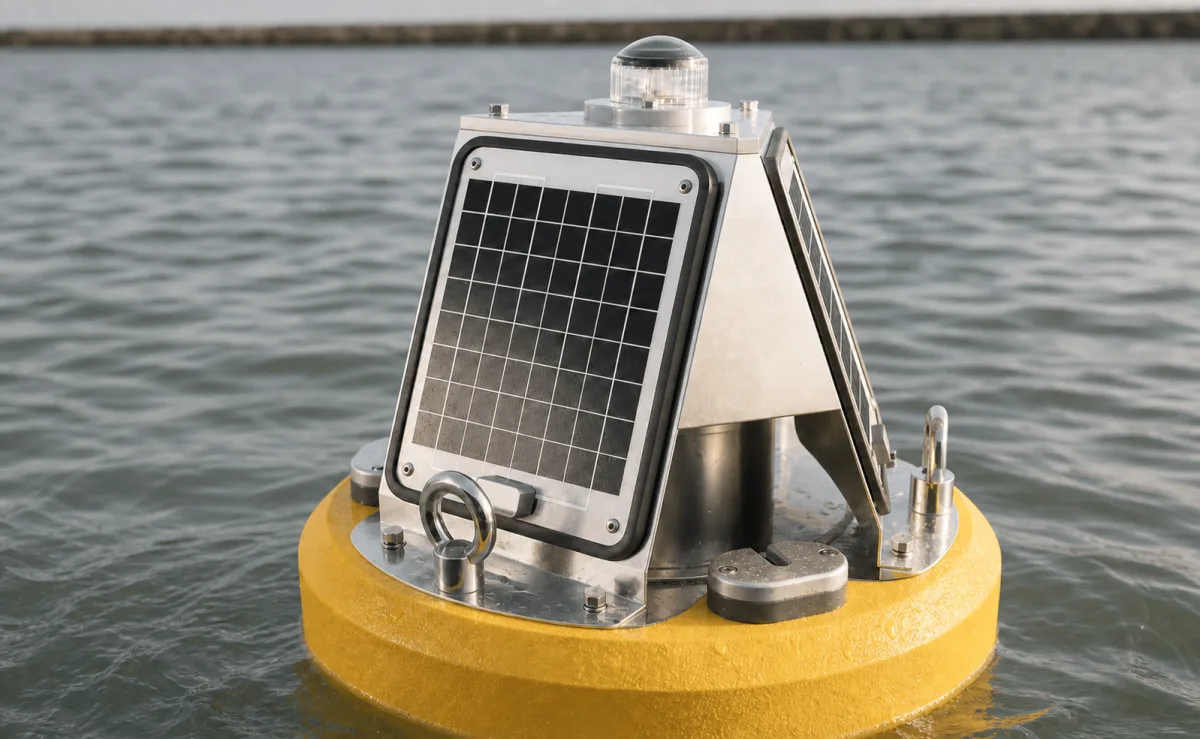 Sollys falder på solpanelerne på en databøje på kystvand.