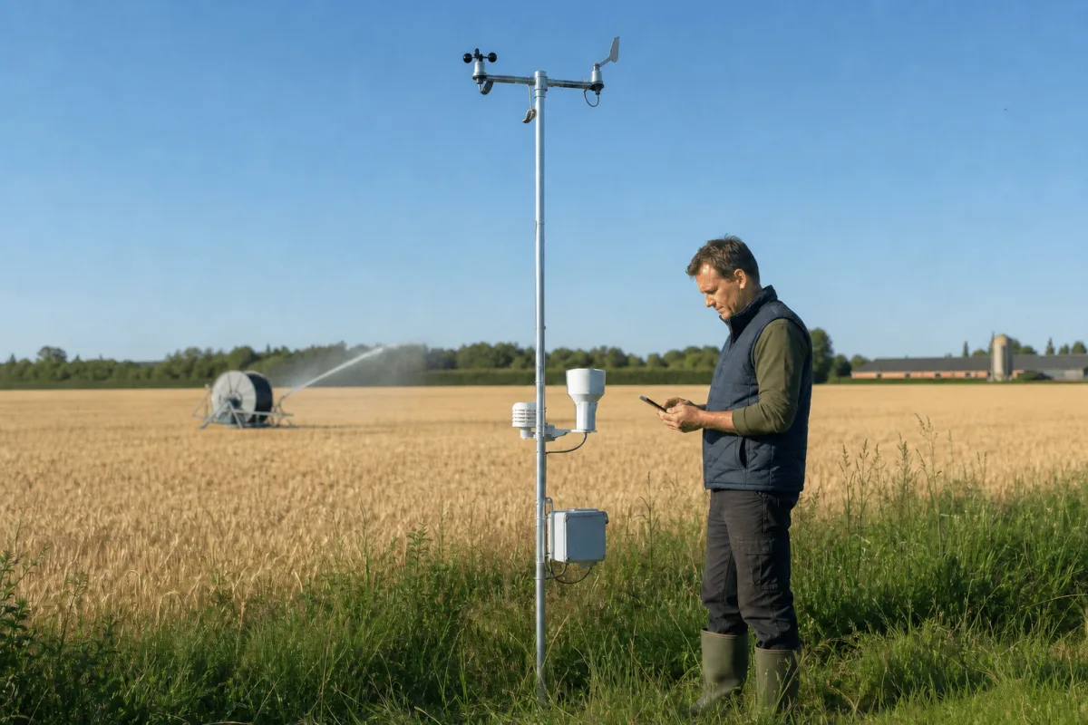 En landmand tjekker Emiko-appen ved siden af Cumulus vejrstation, mens en vandingsanlæg med slange vander kornmarken.