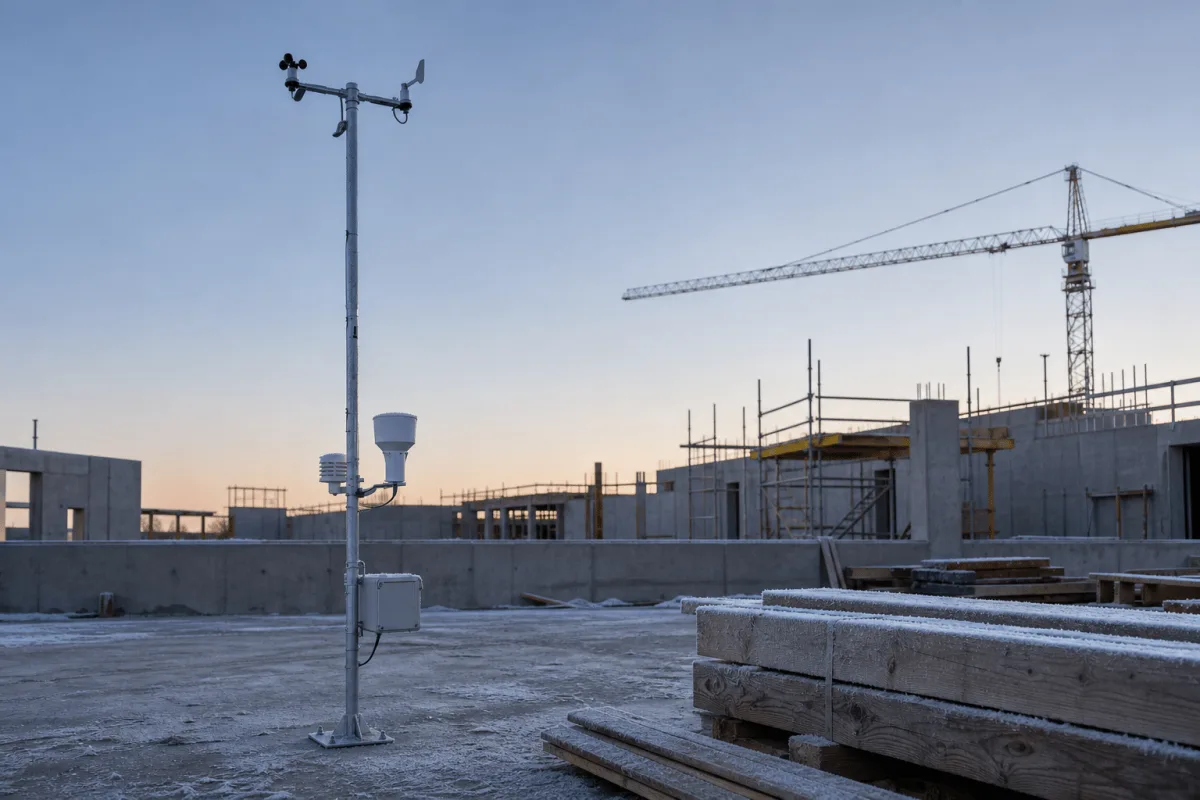 Cumulus weather station operating on a frosty Danish construction site at first light.