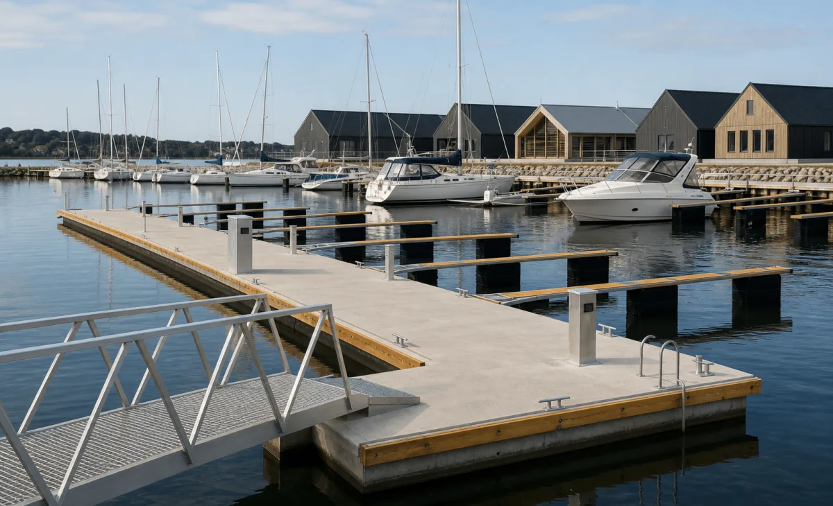 Vikingegaarden concrete pontoons support an integrated marina layout with a gangway, service posts, cleats and finger piers.