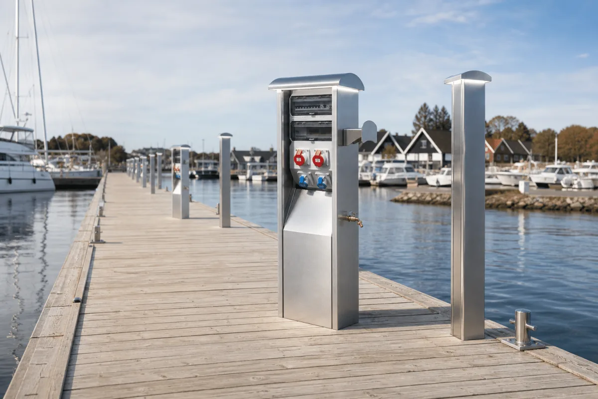Marinella NEO Stands and Marinella NEO Light columns alternate along a long wooden marina pier in daylight.