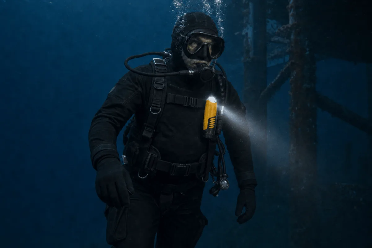 A diver carries the yellow AQ-4 MkII on a chest harness as its white beam cuts through deep blue water.