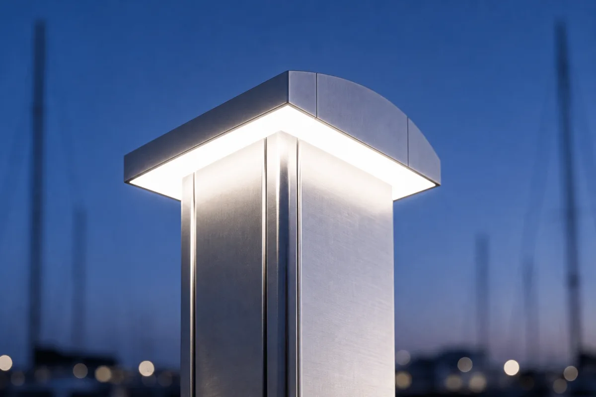 The glowing underside of the Marinella NEO Light T-shaped cap is seen close up against a blue-hour marina.