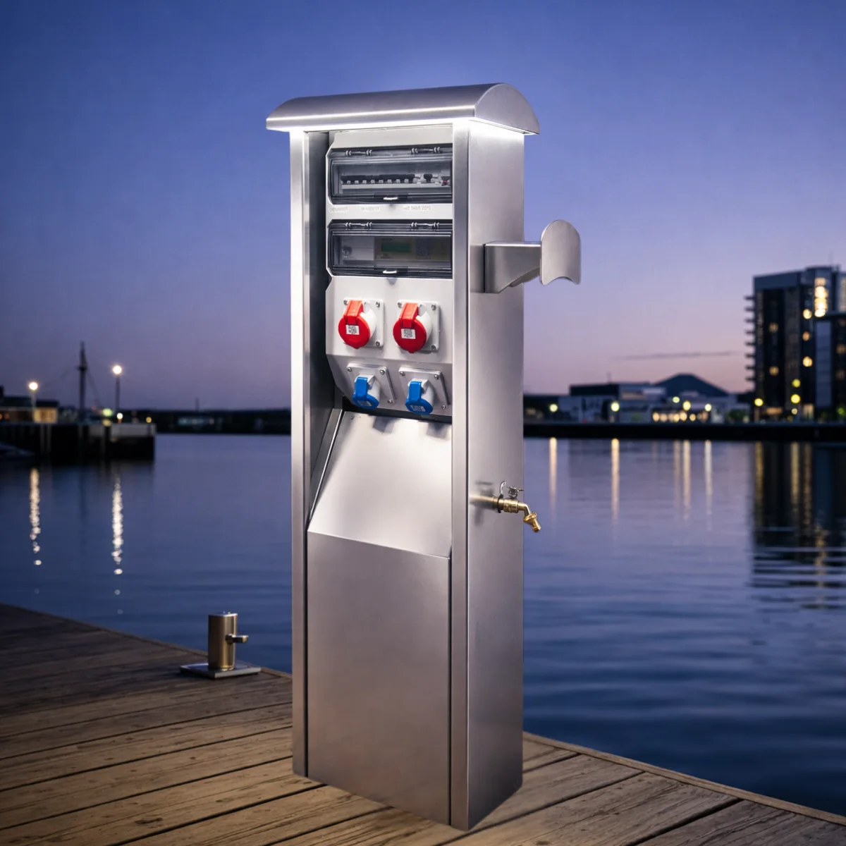 Marinella NEO pedestal on a wooden pontoon at dusk, lit from its own canopy, with the meters behind clear covers, two red and two blue CEE sockets and the brass water tap.
