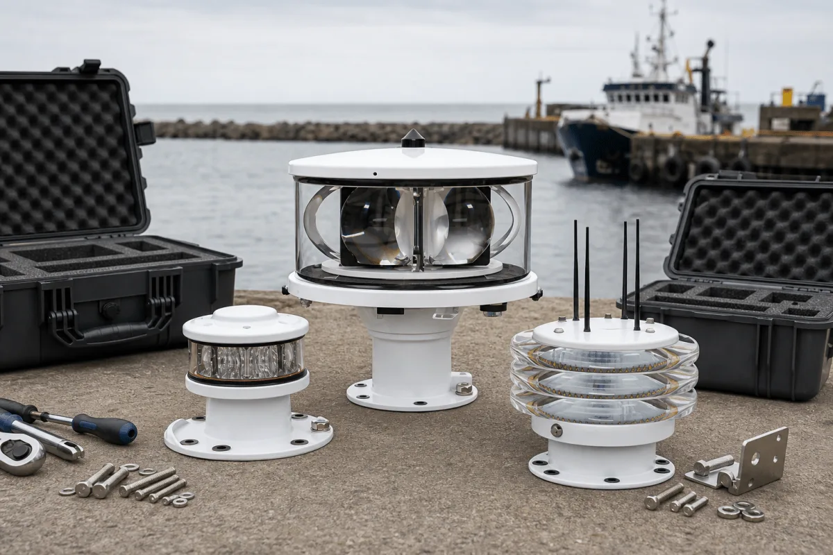 Three Beacons variants are arranged with transport cases and installation tools on a Danish harbor pier.