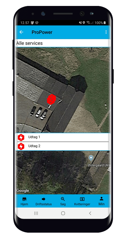 Historical ProPower app map showing two selectable electricity outlets