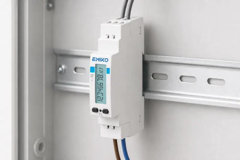 En kompakt enfaset energimåler på en DIN-skinne
